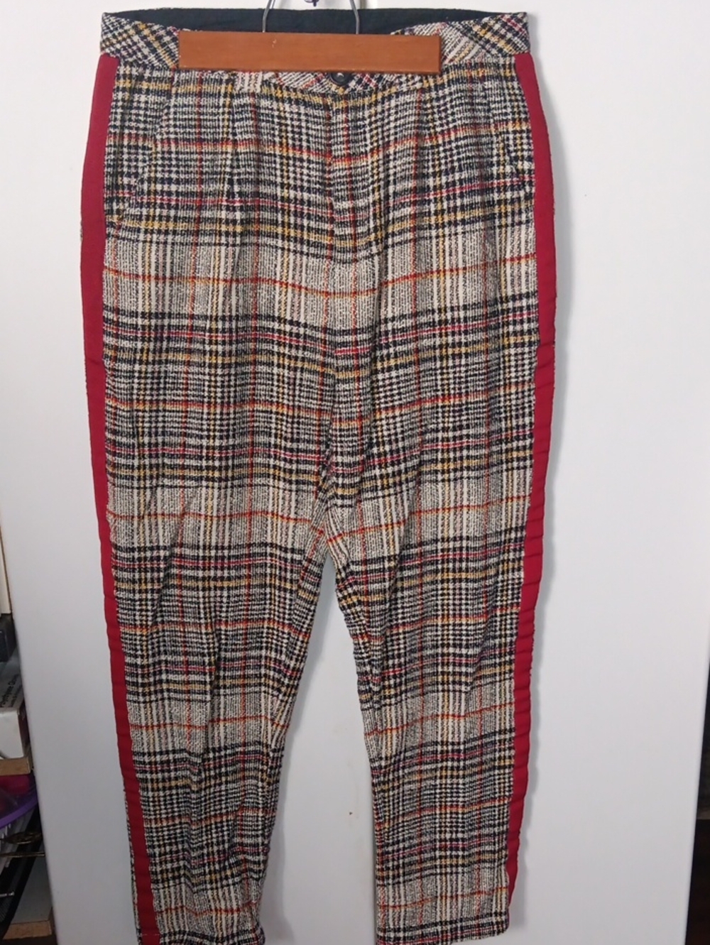 Free People Plaid Chinos with Red Side Panels
